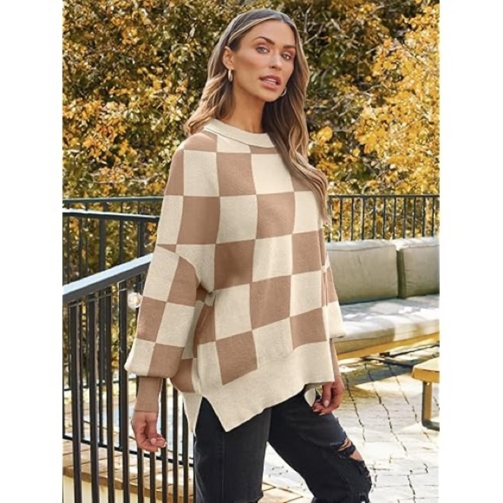 Lillusory checkered crew neck oversized knit sweater size large brown